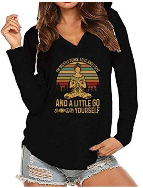 Women's I'm Mostly Peace Love and Light Long Sleeve V Neck Casual Loose Tshirts Hoody Tops