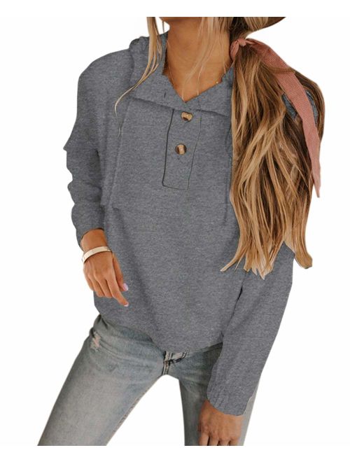 KIRUNDO 2020 Women's Short Sweatshirt Solid Color Button up Neck Long Sleeves Drawstring Hoodie