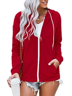 WROLEM Women Casual Full Zip Up Hoodie Comfy Loose Long Sleeve Sweatshirt Solid Color Jacket with Pockets