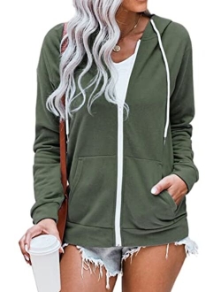 WROLEM Women Casual Full Zip Up Hoodie Comfy Loose Long Sleeve Sweatshirt Solid Color Jacket with Pockets