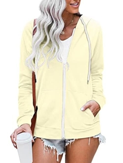 WROLEM Women Casual Full Zip Up Hoodie Comfy Loose Long Sleeve Sweatshirt Solid Color Jacket with Pockets