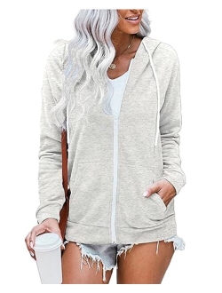 WROLEM Women Casual Full Zip Up Hoodie Comfy Loose Long Sleeve Sweatshirt Solid Color Jacket with Pockets