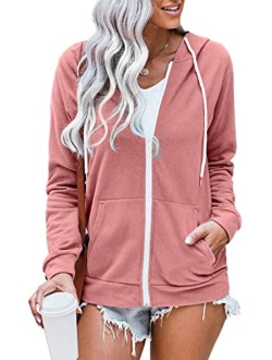 WROLEM Women Casual Full Zip Up Hoodie Comfy Loose Long Sleeve Sweatshirt Solid Color Jacket with Pockets