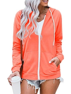 WROLEM Women Casual Full Zip Up Hoodie Comfy Loose Long Sleeve Sweatshirt Solid Color Jacket with Pockets