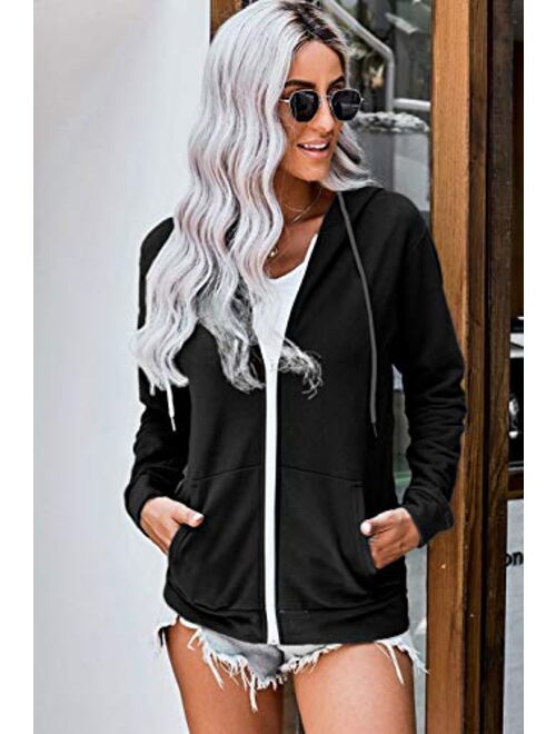 WROLEM Women Casual Full Zip Up Hoodie Comfy Loose Long Sleeve Sweatshirt Solid Color Jacket with Pockets