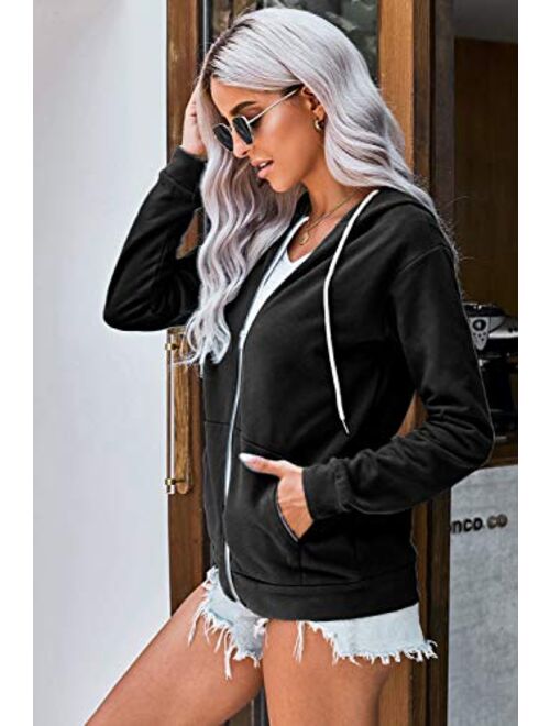 WROLEM Women Casual Full Zip Up Hoodie Comfy Loose Long Sleeve Sweatshirt Solid Color Jacket with Pockets