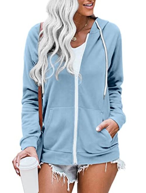 WROLEM Women Casual Full Zip Up Hoodie Comfy Loose Long Sleeve Sweatshirt Solid Color Jacket with Pockets