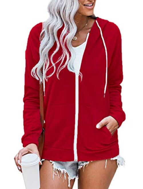 WROLEM Women Casual Full Zip Up Hoodie Comfy Loose Long Sleeve Sweatshirt Solid Color Jacket with Pockets