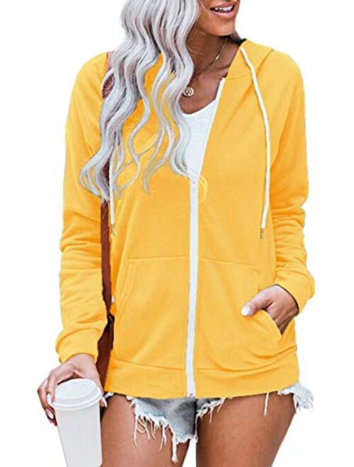 WROLEM Women Casual Full Zip Up Hoodie Comfy Loose Long Sleeve Sweatshirt Solid Color Jacket with Pockets