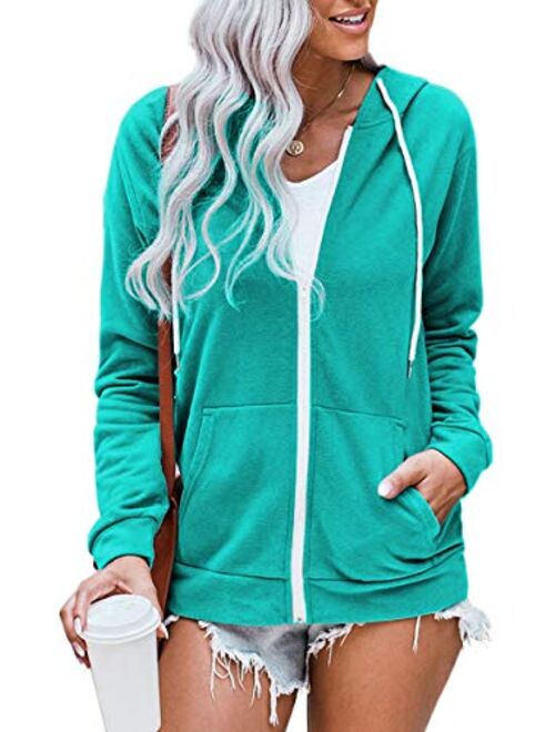 WROLEM Women Casual Full Zip Up Hoodie Comfy Loose Long Sleeve Sweatshirt Solid Color Jacket with Pockets