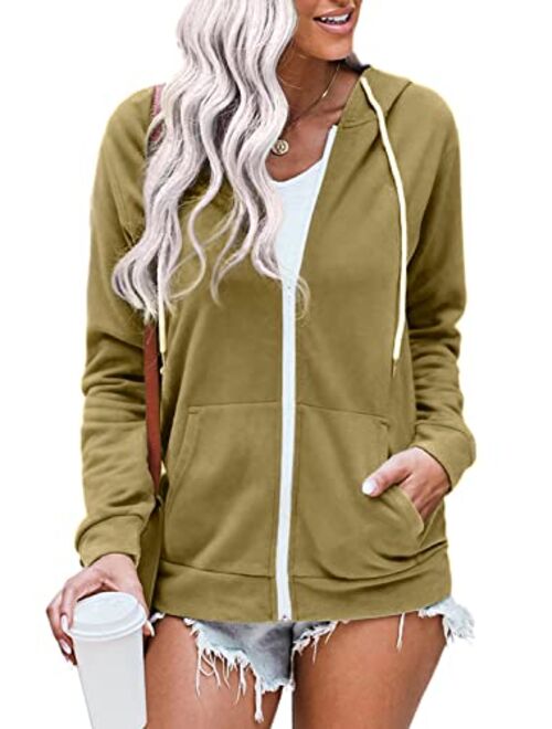 WROLEM Women Casual Full Zip Up Hoodie Comfy Loose Long Sleeve Sweatshirt Solid Color Jacket with Pockets