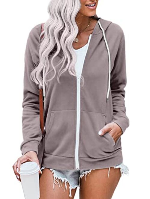 WROLEM Women Casual Full Zip Up Hoodie Comfy Loose Long Sleeve Sweatshirt Solid Color Jacket with Pockets