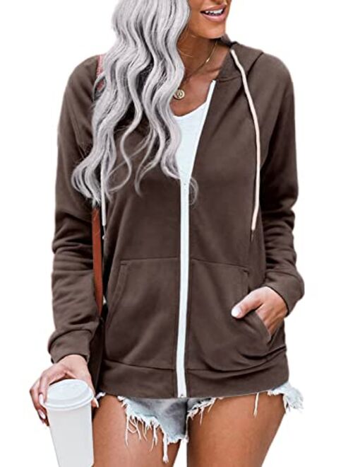 WROLEM Women Casual Full Zip Up Hoodie Comfy Loose Long Sleeve Sweatshirt Solid Color Jacket with Pockets