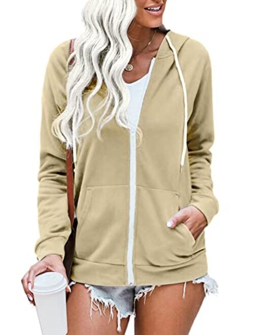 WROLEM Women Casual Full Zip Up Hoodie Comfy Loose Long Sleeve Sweatshirt Solid Color Jacket with Pockets