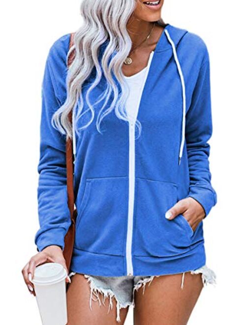 WROLEM Women Casual Full Zip Up Hoodie Comfy Loose Long Sleeve Sweatshirt Solid Color Jacket with Pockets