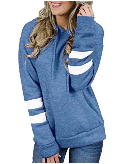 CHICZONE Long Sleeve Pullover Hoodies Sweatshirt for Women Color Block Striped Hoody Shirt with Pocket (S-3XL)