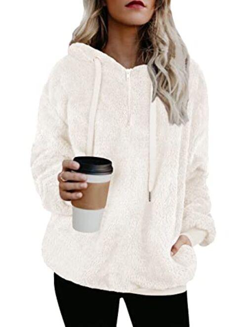 TBONTB Womens Fuzzy Hooded Casual Oversized Long Sleeve Loose Sweatshirt Pockets Outwear