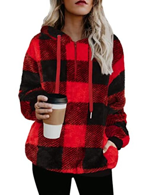 TBONTB Womens Fuzzy Hooded Casual Oversized Long Sleeve Loose Sweatshirt Pockets Outwear