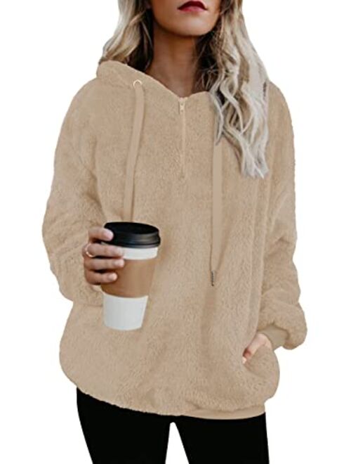 TBONTB Womens Fuzzy Hooded Casual Oversized Long Sleeve Loose Sweatshirt Pockets Outwear