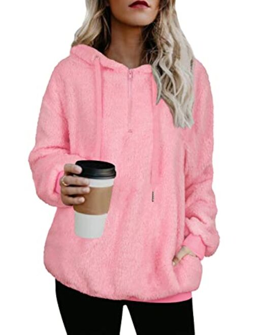 TBONTB Womens Fuzzy Hooded Casual Oversized Long Sleeve Loose Sweatshirt Pockets Outwear