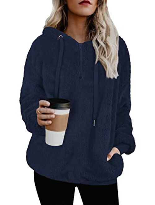 TBONTB Womens Fuzzy Hooded Casual Oversized Long Sleeve Loose Sweatshirt Pockets Outwear