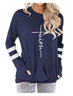 MANSY Womens Casual Faith Tshirts Letter Printed Graphic Tees Tops Sweatshirt Pockets