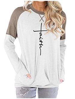 MANSY Womens Casual Faith Tshirts Letter Printed Graphic Tees Tops Sweatshirt Pockets