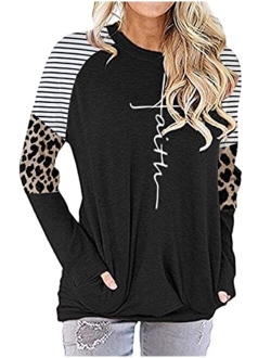 MANSY Womens Casual Faith Tshirts Letter Printed Graphic Tees Tops Sweatshirt Pockets