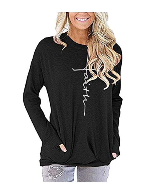 MANSY Womens Casual Faith Tshirts Letter Printed Graphic Tees Tops Sweatshirt Pockets