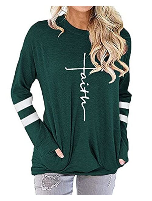 MANSY Womens Casual Faith Tshirts Letter Printed Graphic Tees Tops Sweatshirt Pockets