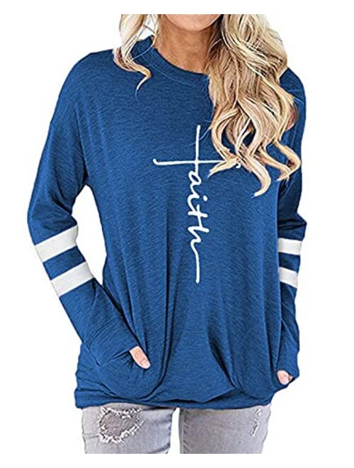 MANSY Womens Casual Faith Tshirts Letter Printed Graphic Tees Tops Sweatshirt Pockets