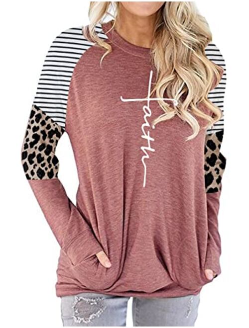 MANSY Womens Casual Faith Tshirts Letter Printed Graphic Tees Tops Sweatshirt Pockets