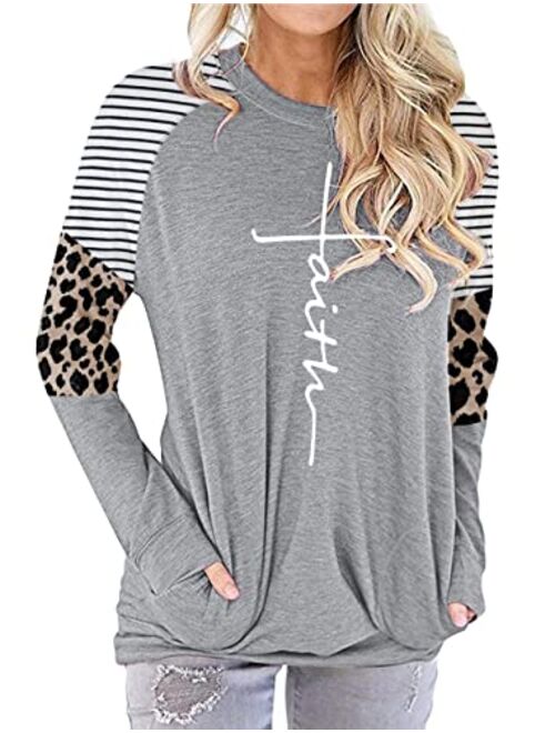 MANSY Womens Casual Faith Tshirts Letter Printed Graphic Tees Tops Sweatshirt Pockets