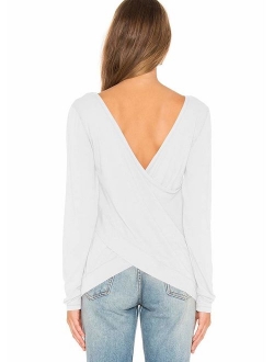 Mippo Women's Sexy Open Back Long Sleeve T Shirt Casual Loose Cross Wrap Blouse Tops