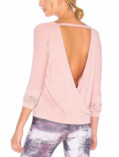 Mippo Women's Sexy Open Back Long Sleeve T Shirt Casual Loose Cross Wrap Blouse Tops