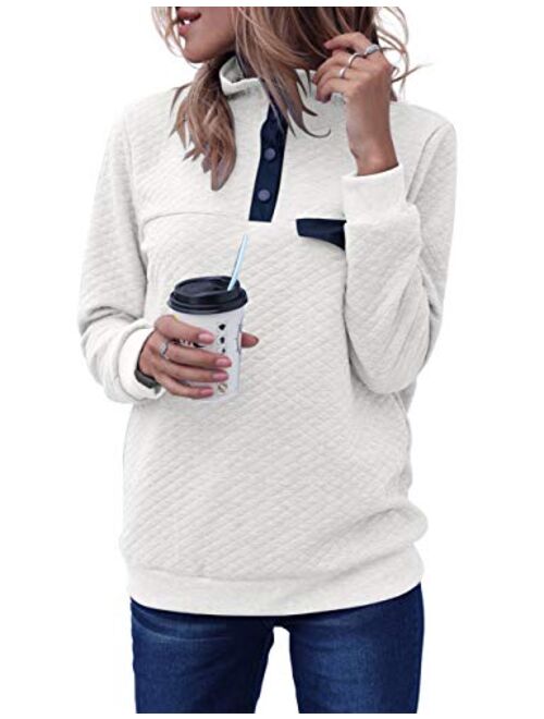 Merokeety Sidefeel Women Button Neck Fleece Pullover Coat Asymmetrical Sweatshirts Outwear