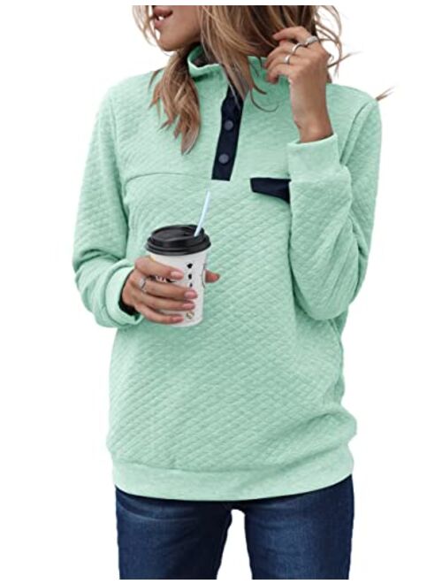 Merokeety Sidefeel Women Button Neck Fleece Pullover Coat Asymmetrical Sweatshirts Outwear