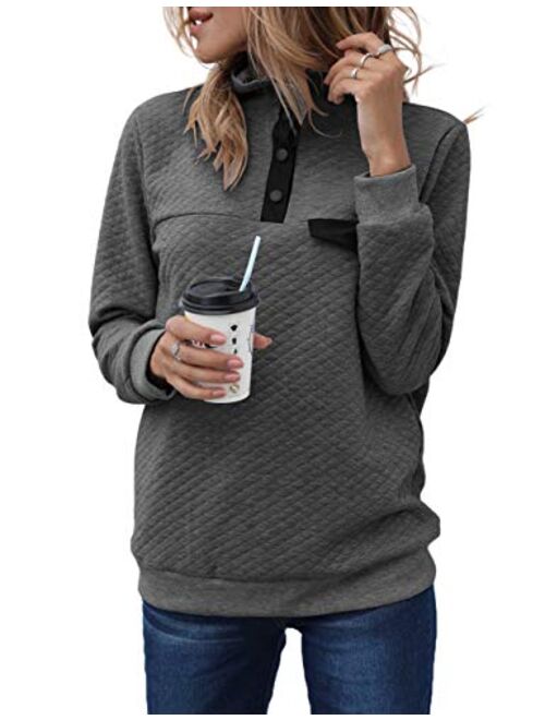 Merokeety Sidefeel Women Button Neck Fleece Pullover Coat Asymmetrical Sweatshirts Outwear