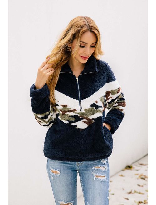 KIRUNDO 2019 Winter Women's Long Sleeves Sweatshirts Half Zipper Pullovers Fleece Sherpa Outwear Coat Tops with Pockets