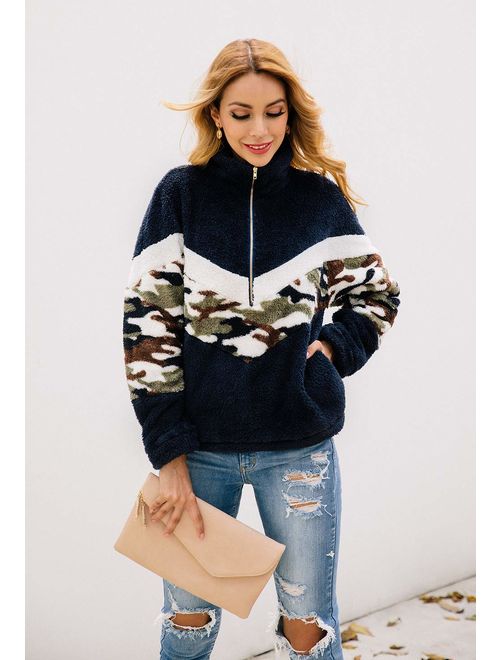 KIRUNDO 2019 Winter Women's Long Sleeves Sweatshirts Half Zipper Pullovers Fleece Sherpa Outwear Coat Tops with Pockets