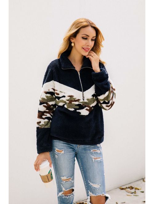 KIRUNDO 2019 Winter Women's Long Sleeves Sweatshirts Half Zipper Pullovers Fleece Sherpa Outwear Coat Tops with Pockets