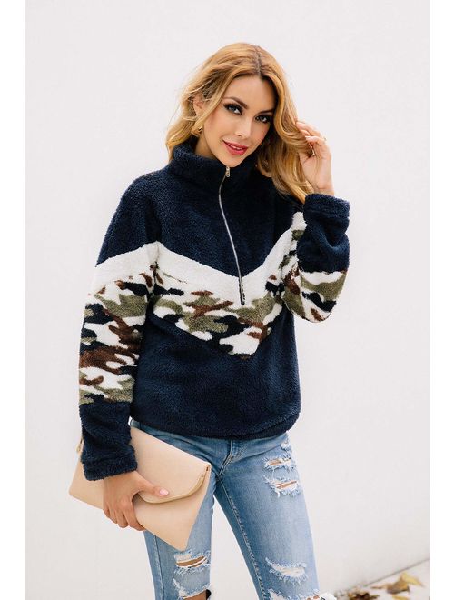 KIRUNDO 2019 Winter Women's Long Sleeves Sweatshirts Half Zipper Pullovers Fleece Sherpa Outwear Coat Tops with Pockets