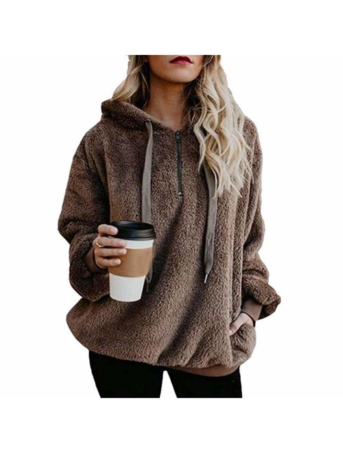 MUMUBREAL Women's Oversized Sherpa Long Sleeve Pullover Zip Sweatshirt Fleece Hoodies with Pockets