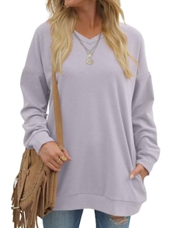 OFEEFAN Women's Sweatshirts V Neck Oversized Long Sleeve Pockets Top