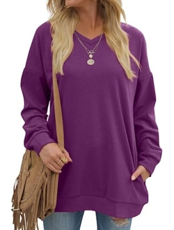 OFEEFAN Women's Sweatshirts V Neck Oversized Long Sleeve Pockets Top