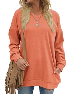 OFEEFAN Women's Sweatshirts V Neck Oversized Long Sleeve Pockets Top