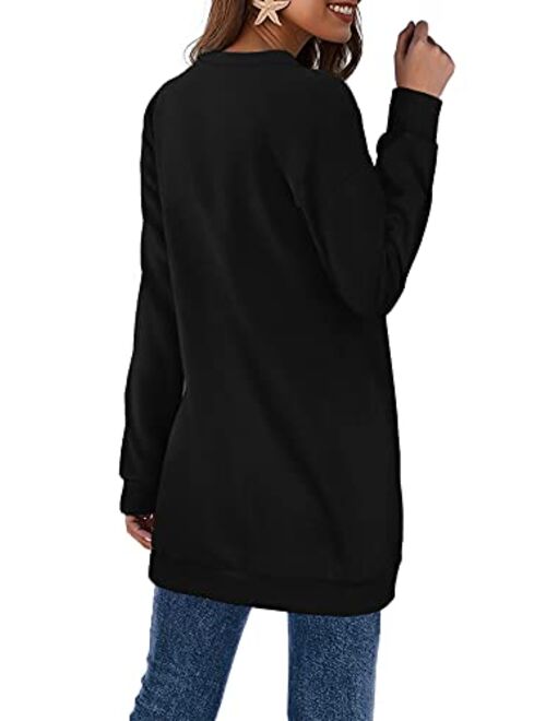 OFEEFAN Women's Sweatshirts V Neck Oversized Long Sleeve Pockets Top