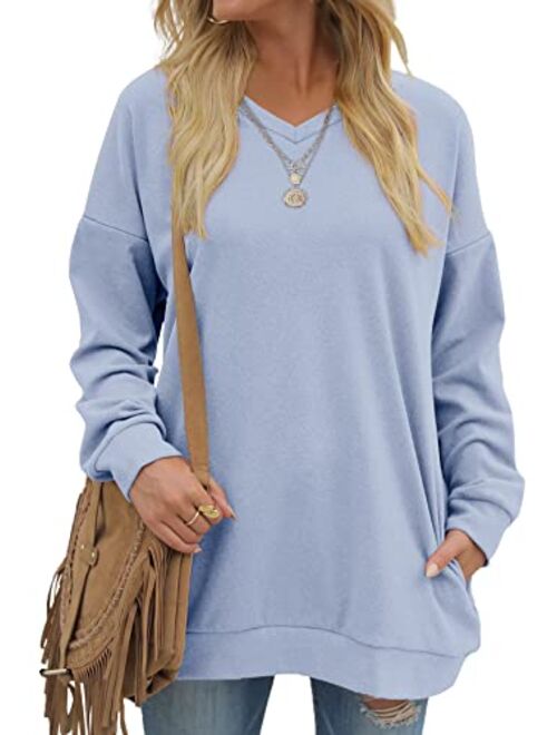 OFEEFAN Women's Sweatshirts V Neck Oversized Long Sleeve Pockets Top