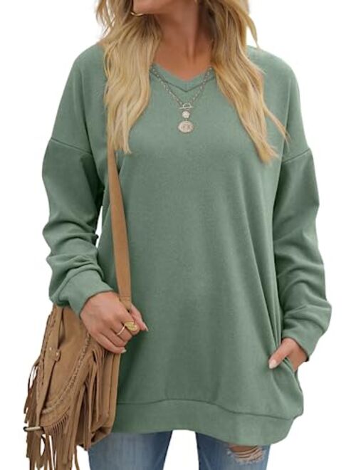 OFEEFAN Women's Sweatshirts V Neck Oversized Long Sleeve Pockets Top