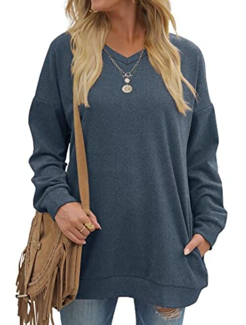 OFEEFAN Women's Sweatshirts V Neck Oversized Long Sleeve Pockets Top